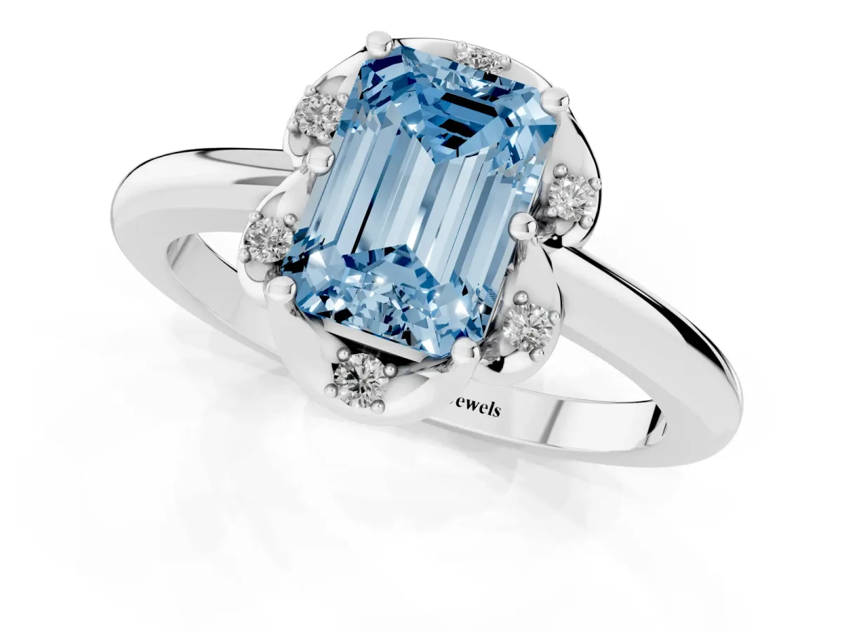 Fancy Blue Emerald Cut Halo Diamond Ring with Round Cluster Setting, Solitaire Band, and Four-Prong Setting Silver