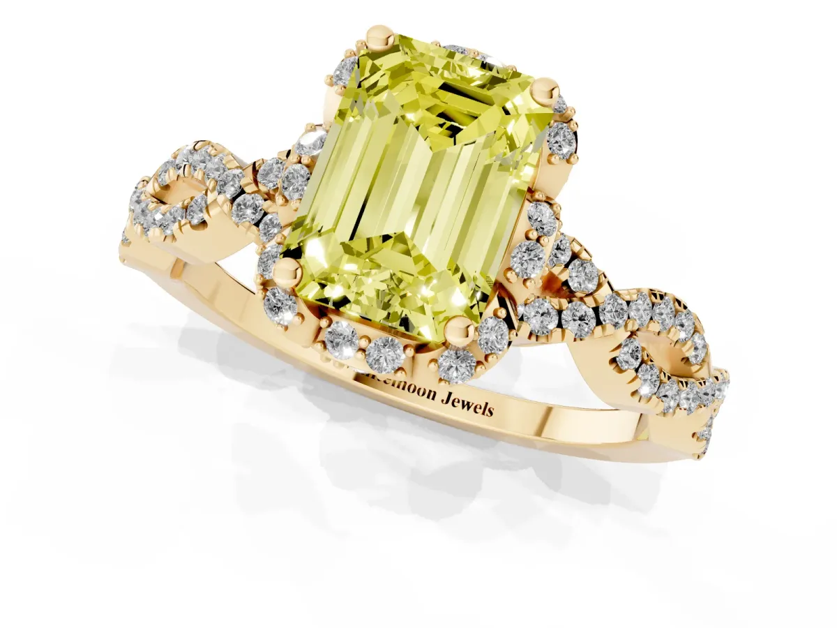Fancy Yellow Emerald Cut Halo Twist Band Solitaire Ring with Six-Prong Setting Yellow gold