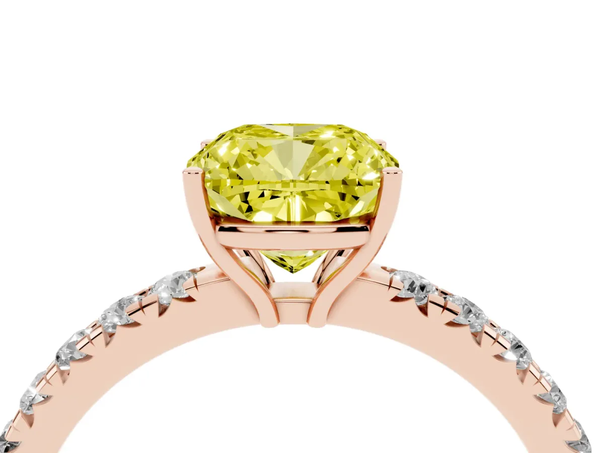 Fancy Yellow Cushion Cut Diamond Pavé Solitaire Engagement Ring with Four-Prong Setting Rose gold