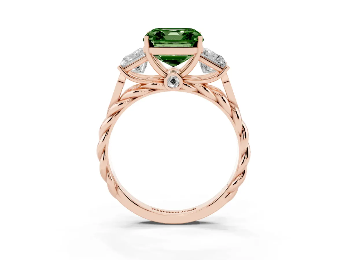 Fancy Green Three-Stone Asscher Cut Diamond Braided Band Ring with Four-Prong Setting Rose gold