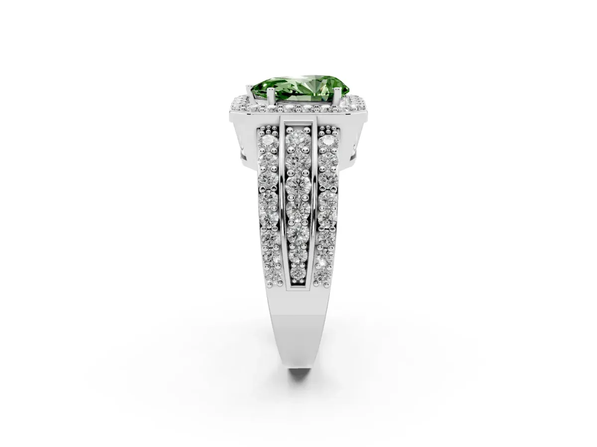 Fancy Green Pear Cut Halo Diamond Ring with Round Split Shank and Prong Setting Platinum