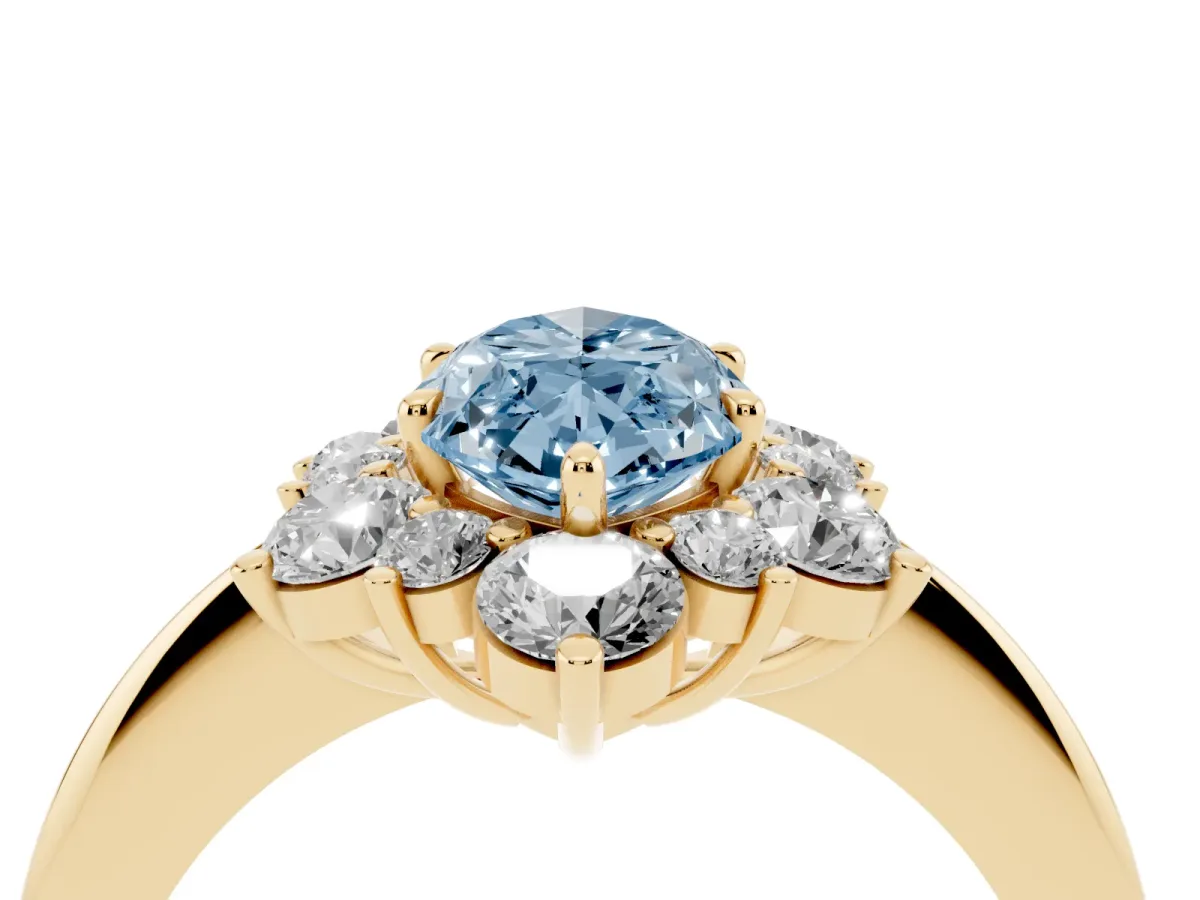 Fancy Blue Marquise Cut Diamond Cluster Halo Ring with Solitaire Band and Four-Prong Setting Yellow gold