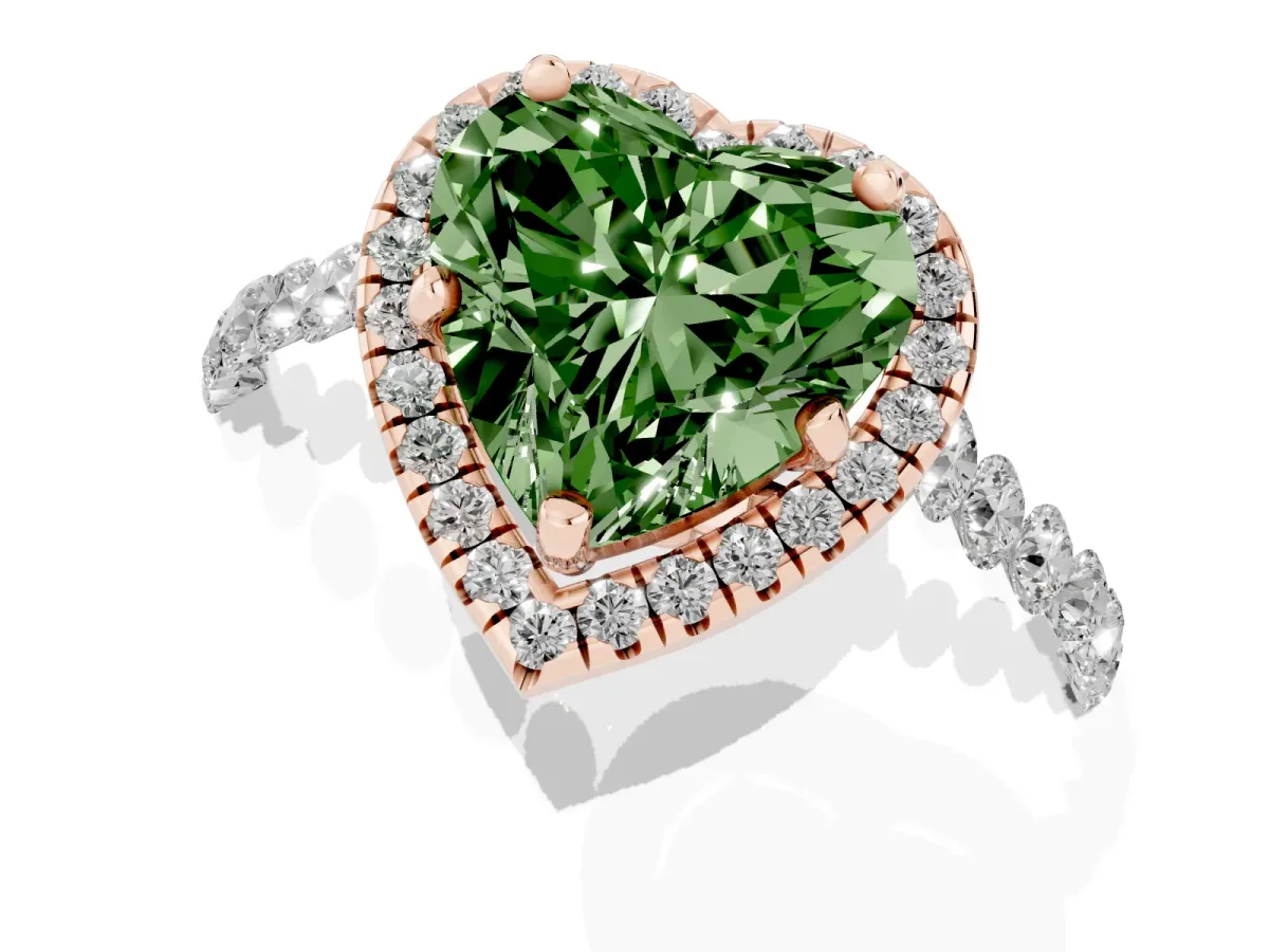 Fancy Green Heart Cut Halo Pavé Diamond Engagement Ring with Four-Prong Setting Rose gold