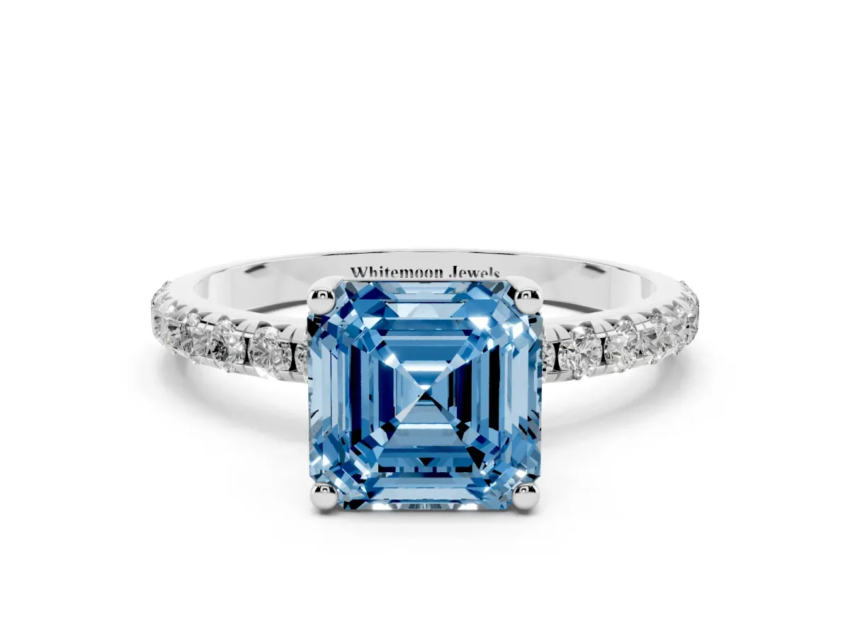 Fancy Blue Asscher Cut Cut Diamond Solitaire Ring with Micro Pave Band and Four Prong Setting Silver