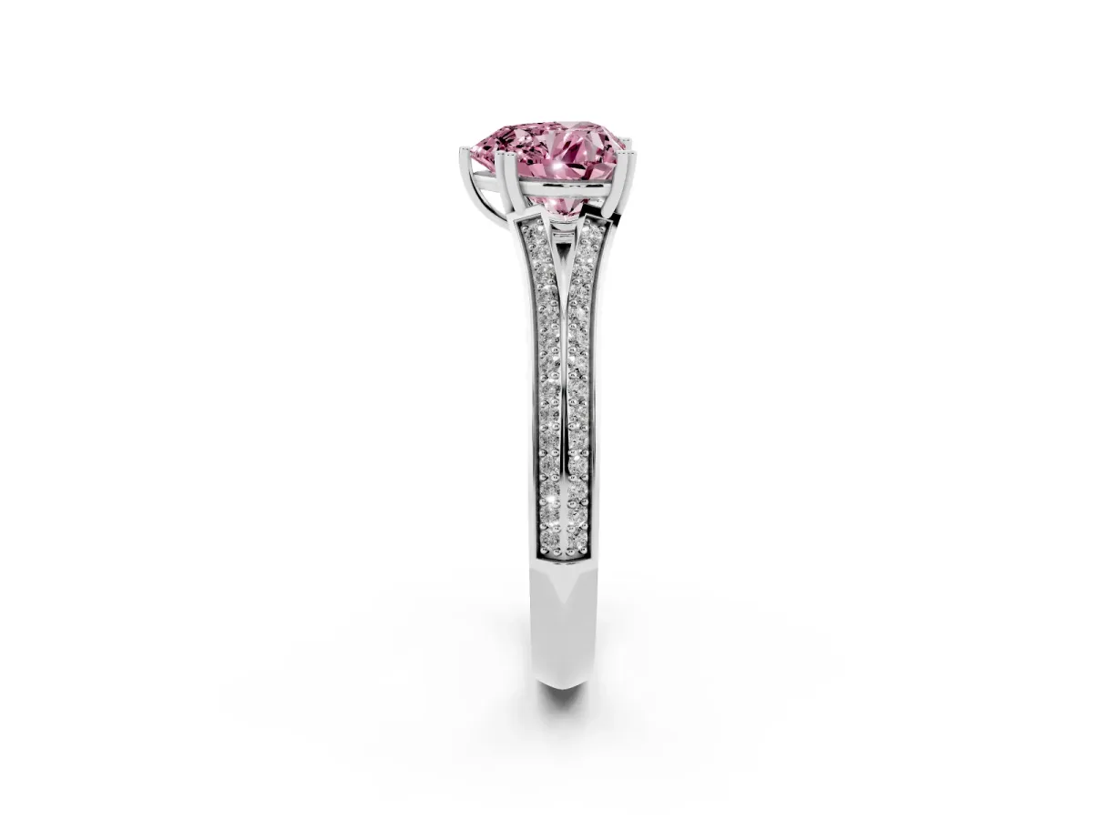 Fancy Pink Heart Cut Diamond Split Shank Engagement Ring with Pavé Band Platinum