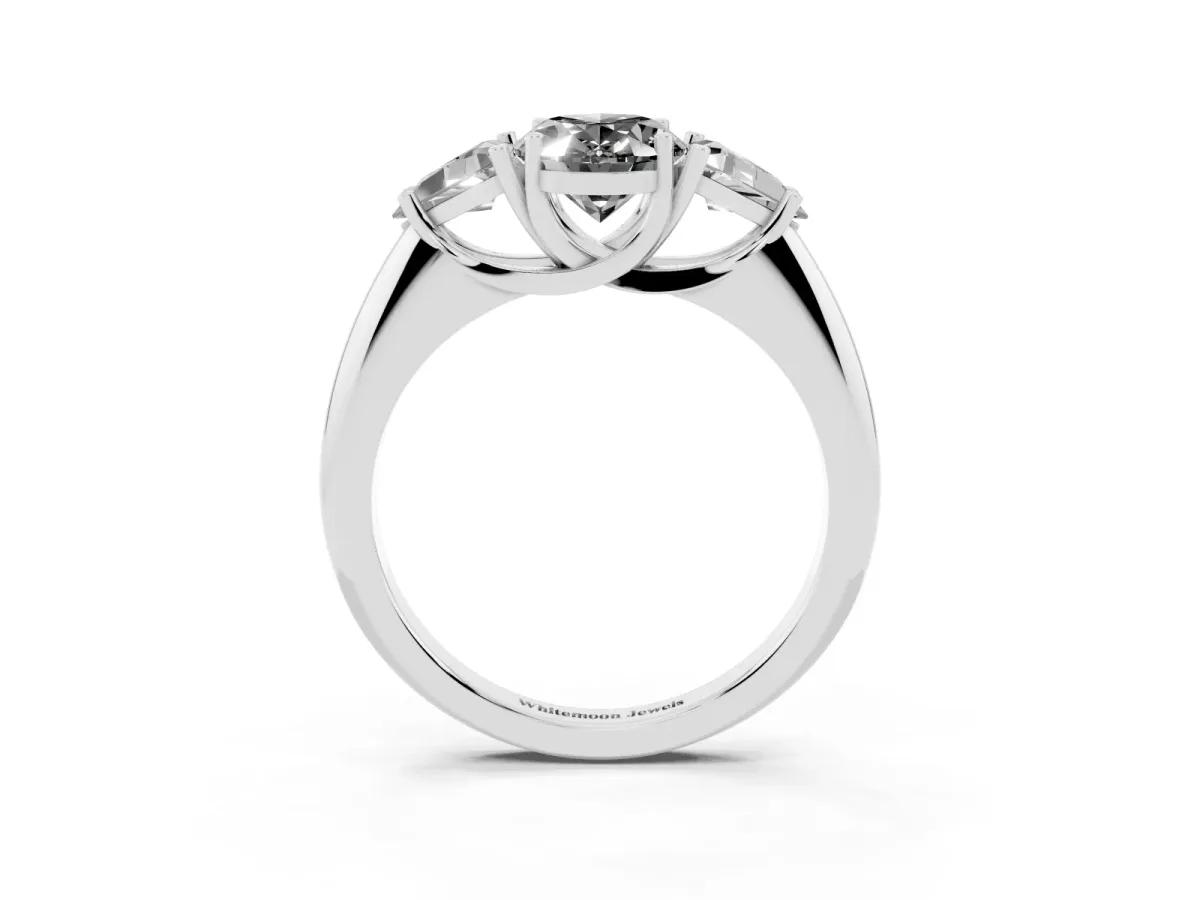 Fancy Black Three-Stone Oval Cut Diamond Engagement Ring with Trillion Side Stones and Prong Setting Silver