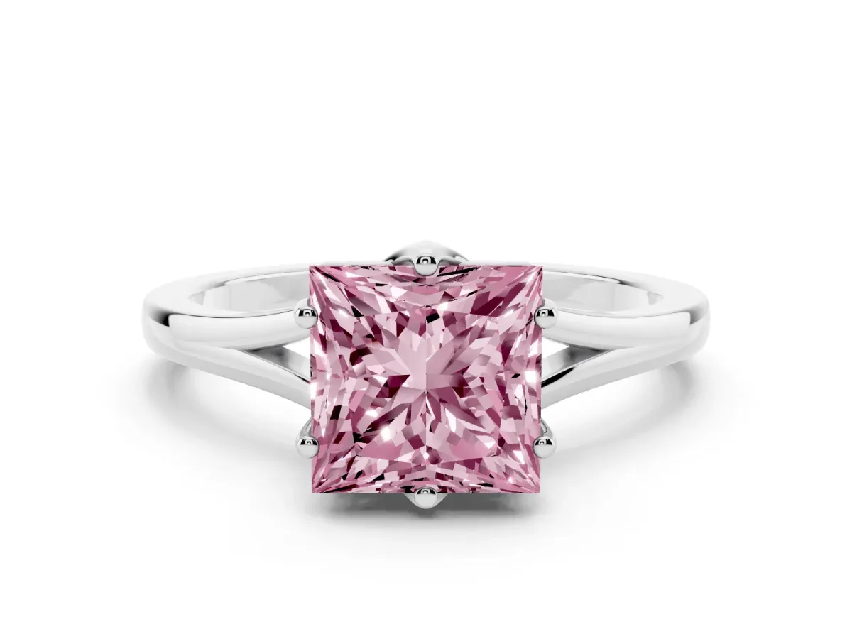 Fancy Pink Princess Cut Solitaire Diamond Ring with Six-Prong Setting and Tapered Band White gold