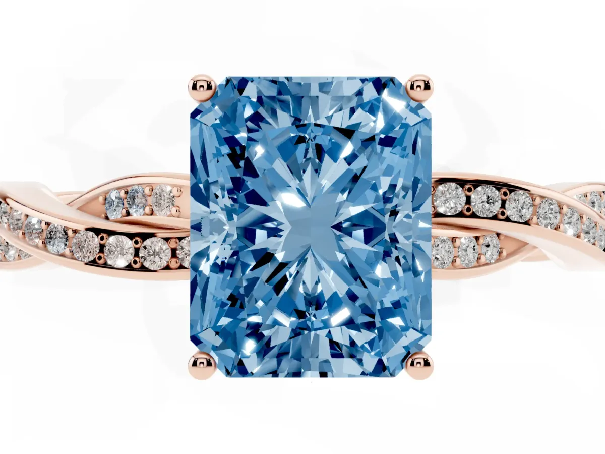 Fancy Blue Radiant Cut Solitaire Twisted Pave Diamond Ring with Four-Prong Setting Rose gold