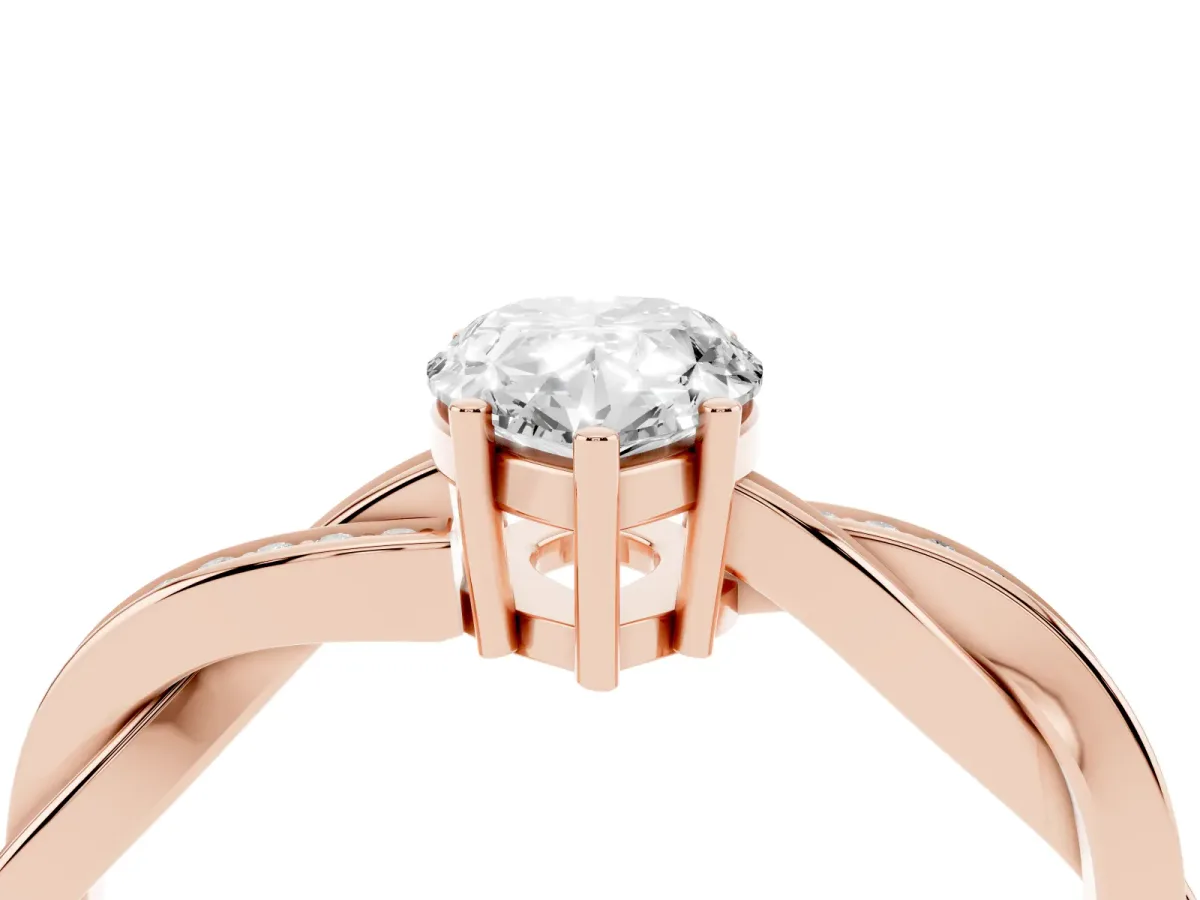 Pear Cut Solitaire Twisted Pave Diamond Ring with Four-Prong Setting Rose gold