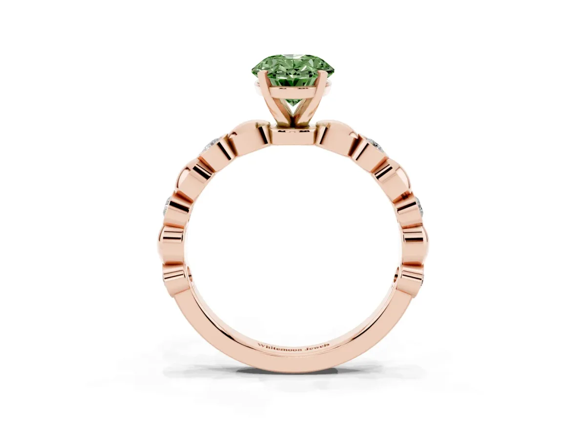 Fancy Green Oval Cut Solitaire Bezel-Set Diamond Ring with Beaded Band and Four-Prong Setting Rose gold