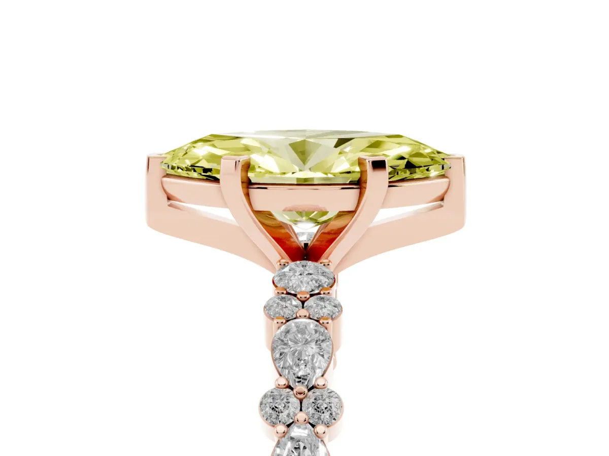 Fancy Yellow Marquise Cut Diamond Side Stone Solitaire Ring with Round and Four-Prong Setting Rose gold