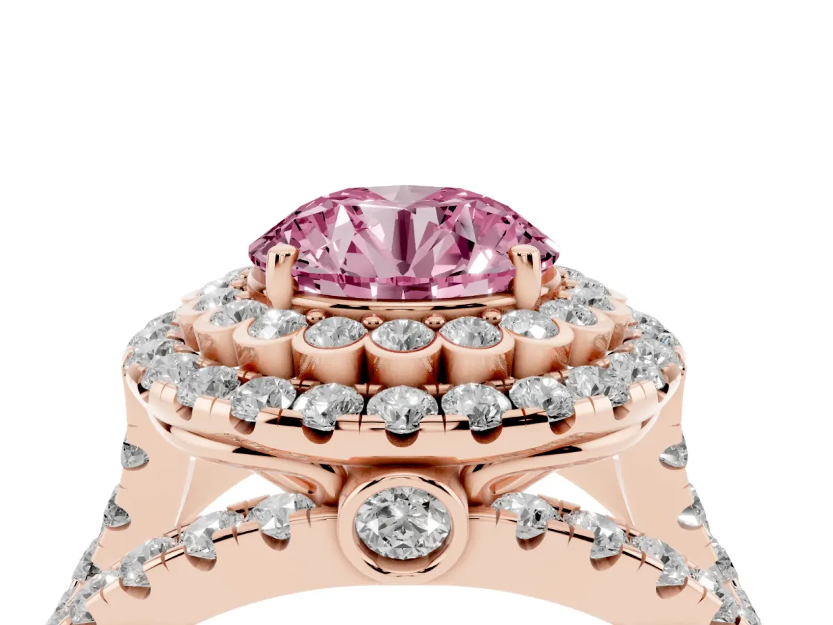 Fancy Pink Round Cut Diamond Double Halo Ring with Round Pavé Split Shank and Prong Setting Rose gold
