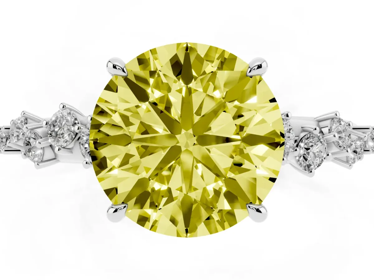 Fancy Yellow Round Cut Diamond Cluster Side Stone Solitaire Ring with Prong Setting Silver