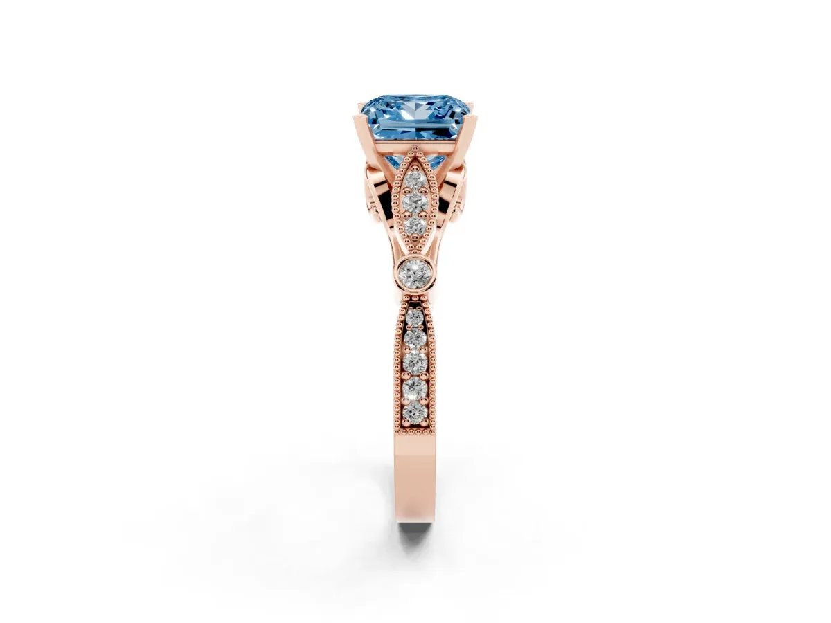 Fancy Blue Princess Cut Cut Diamond with Milgrain Marquise and Bezel Accents on a Solitaire Band with Prong Setting Rose gold