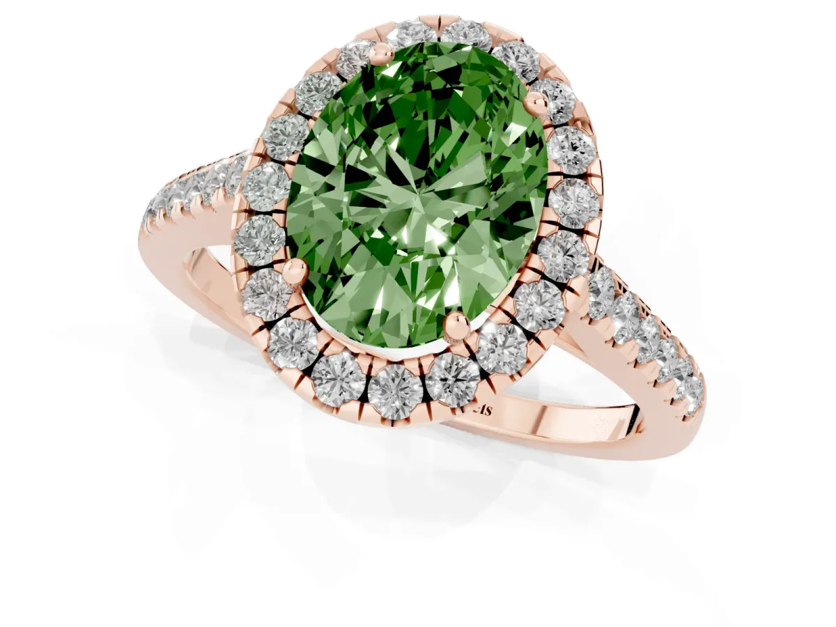 Fancy Green Oval Cut Halo Pave Diamond Engagement Ring with Four-Prong Setting Rose gold