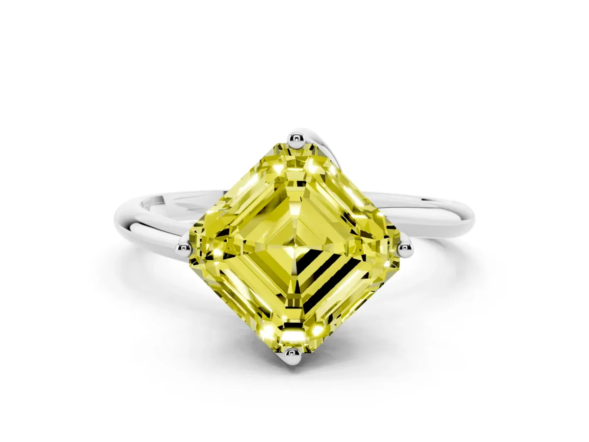 Fancy Yellow Asscher Cut Diamond Solitaire Engagement Ring with Four-Prong Setting and Classic Band Platinum