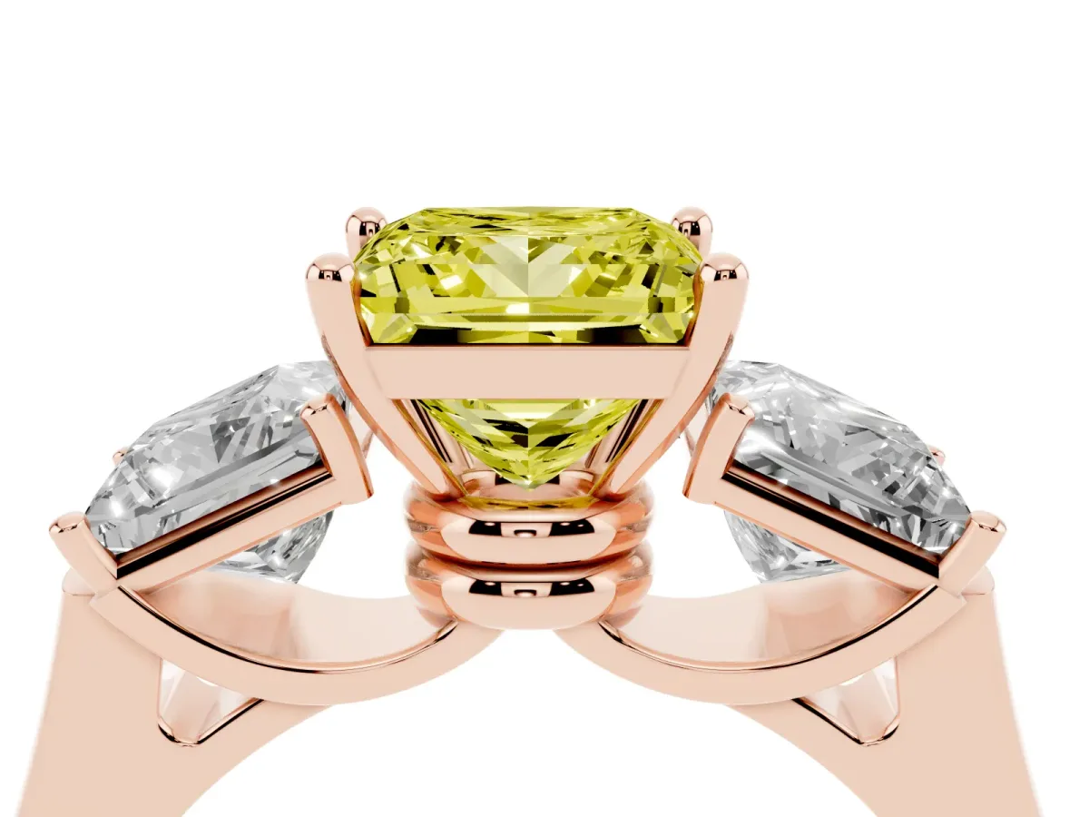 Fancy Yellow Three-Stone Princess Cut Brilliant Diamond Trellis Ring with Comfort Fit Band Rose gold