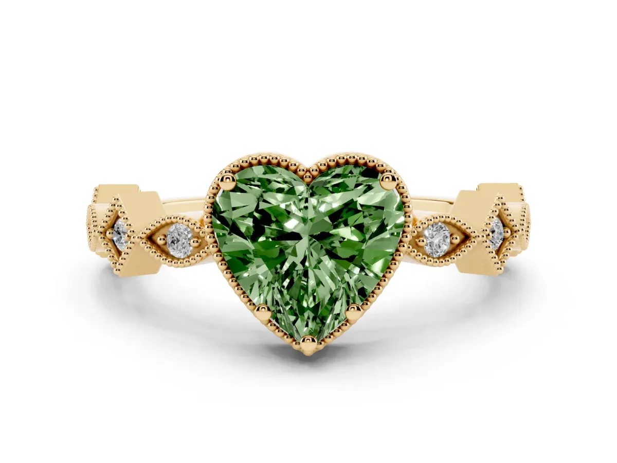 Fancy Green Heart Cut Milgrain Marquise Diamond Twist Band Ring Yellow gold