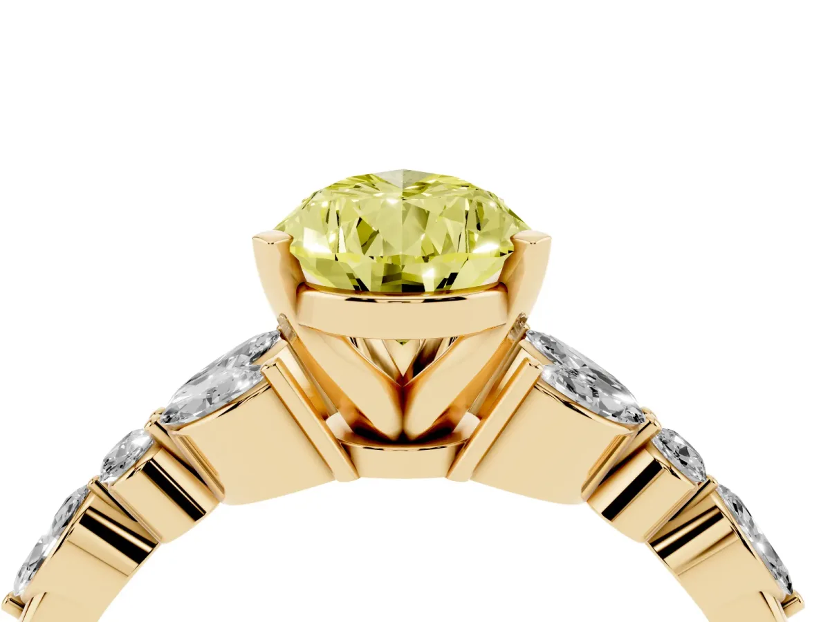 Fancy Yellow Pear Cut Diamond Solitaire Ring with Side Stones and Four-Prong Setting Yellow gold