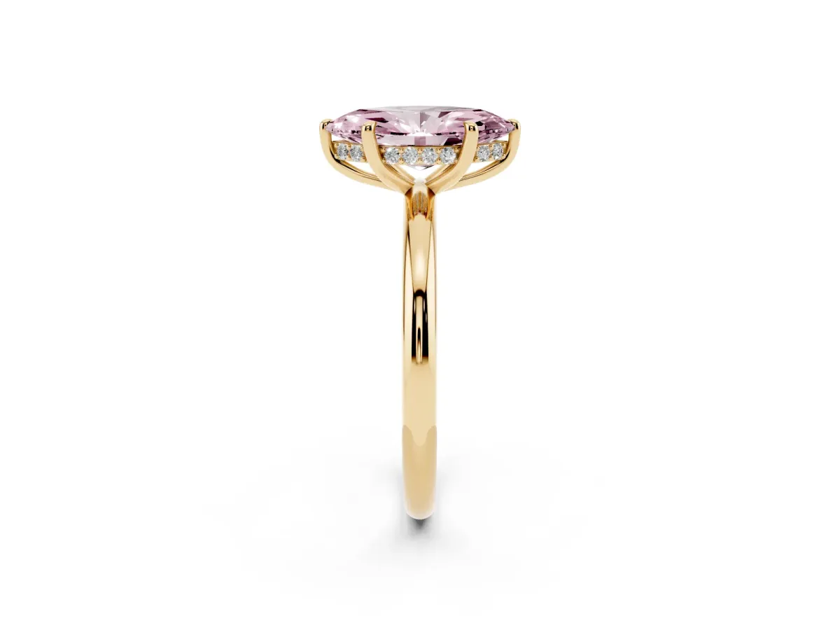 Fancy Pink Marquise Cut Diamond Solitaire Ring with Thin Band and Four-Prong Setting Yellow gold