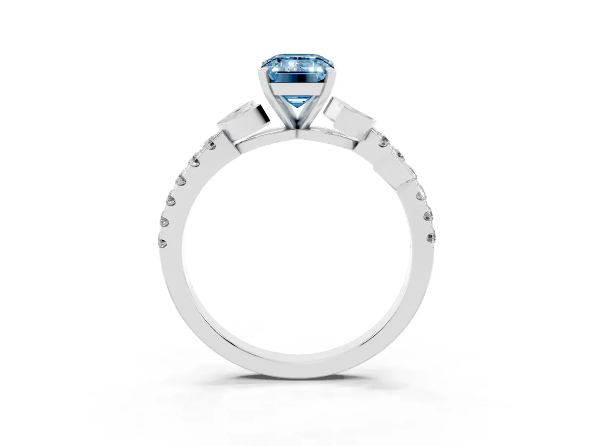 Fancy Blue Emerald Cut Solitaire Leaf-Inspired Diamond Ring with Pavé Band and Four-Prong Setting Silver