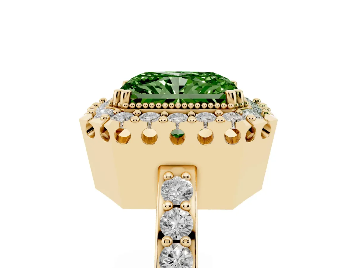 Fancy Green Radiant Cut Diamond Halo Ring with Pavé Band and Prong Setting Yellow gold