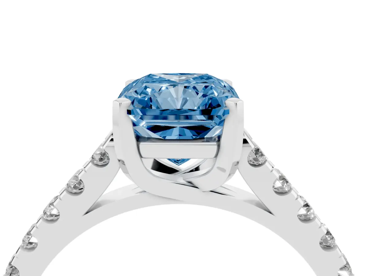 Fancy Blue Radiant Cut Diamond Pavé Band Solitaire Ring with Prong Setting Silver