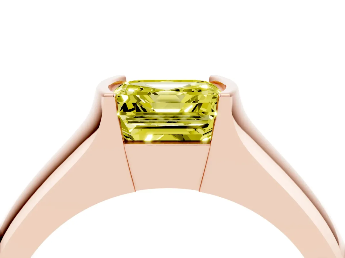 Fancy Yellow Asscher Cut Solitaire Bezel Set Diamond Ring with Wide Band Rose gold