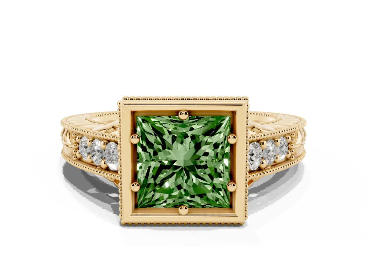 Fancy Green Bezel Set Princess Cut Diamond Milgrain Pave Engagement Ring Yellow gold