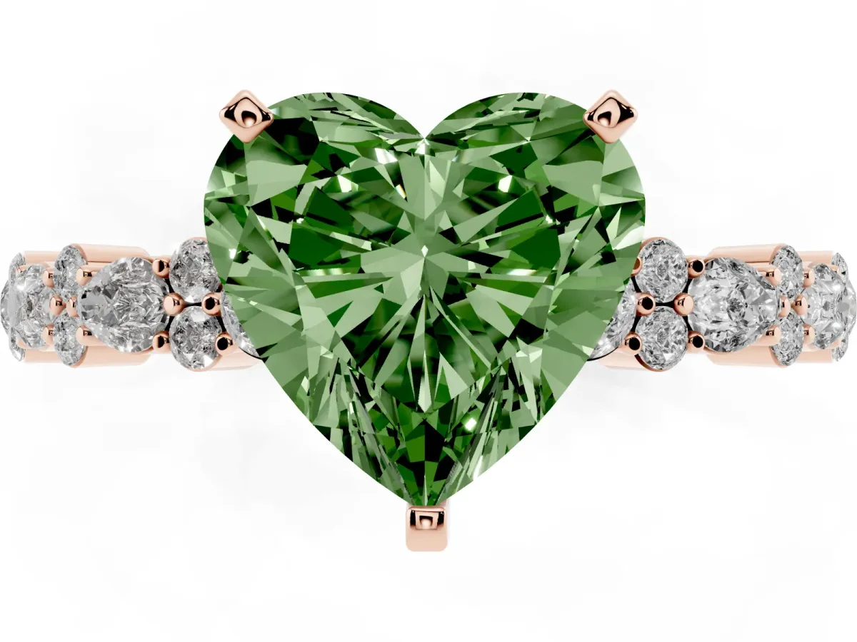 Fancy Green Heart Cut Diamond Side Stone Solitaire Ring with Round and Four-Prong Setting Rose gold
