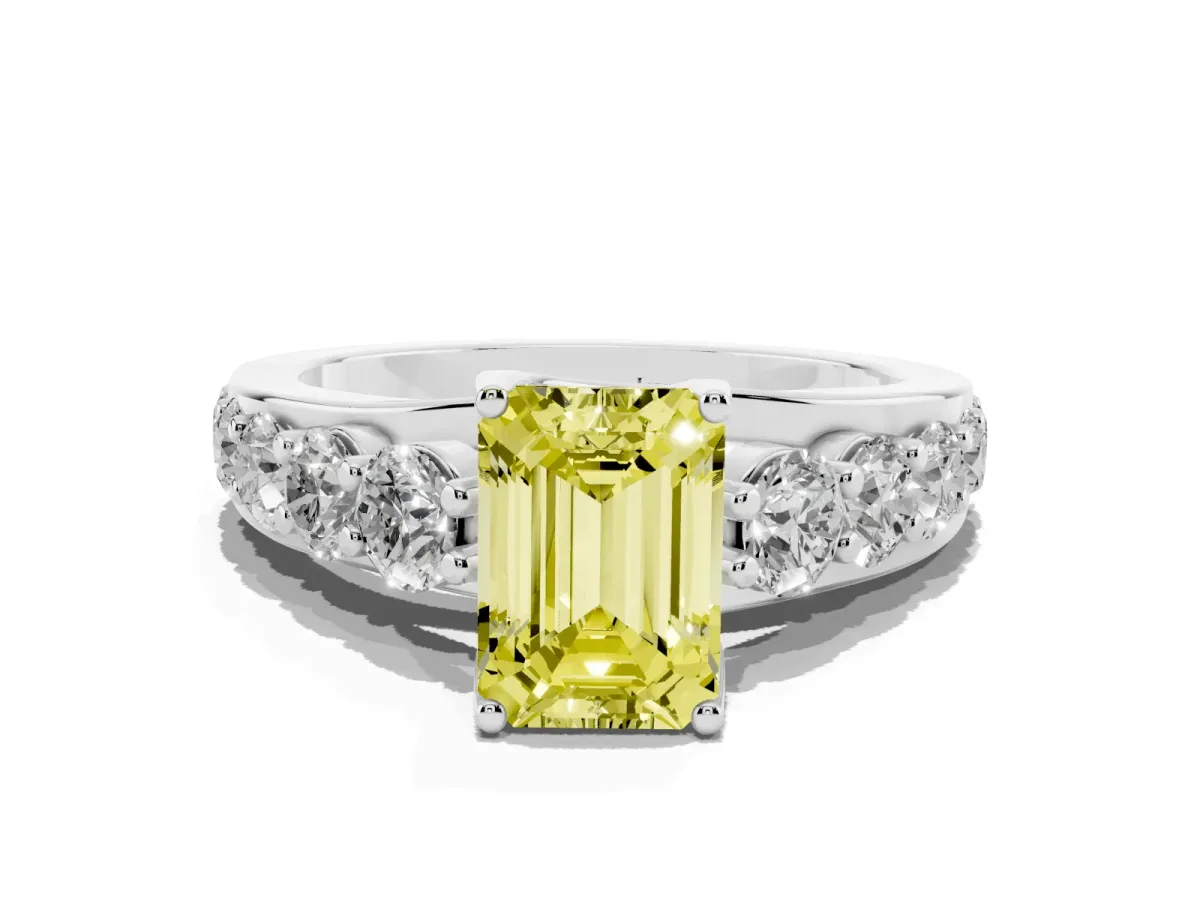 Fancy Yellow Emerald Cut Diamond Engagement Ring with Pavé Band and Four-Prong Setting Silver