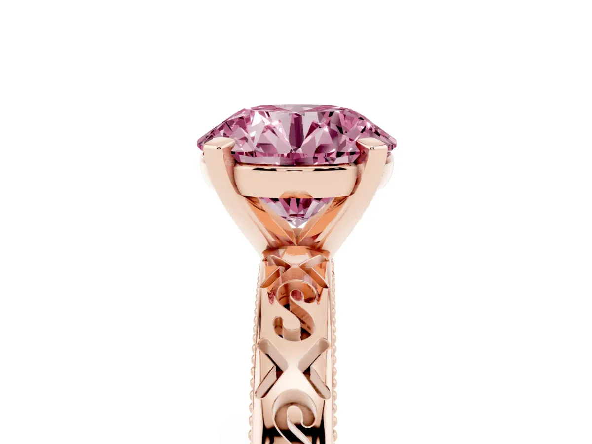 Fancy Pink Round Cut Solitaire Engagement Ring with Scrollwork Band and Four-Prong Setting Rose gold