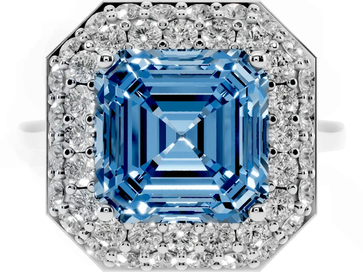 Fancy Blue Asscher Cut Halo Diamond Engagement Ring with Solitaire Band and Four-Prong Setting Platinum