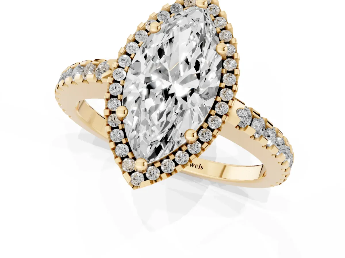 Marquise Cut Diamond Halo Engagement Ring with Pavé Band and Prong Setting Yellow gold