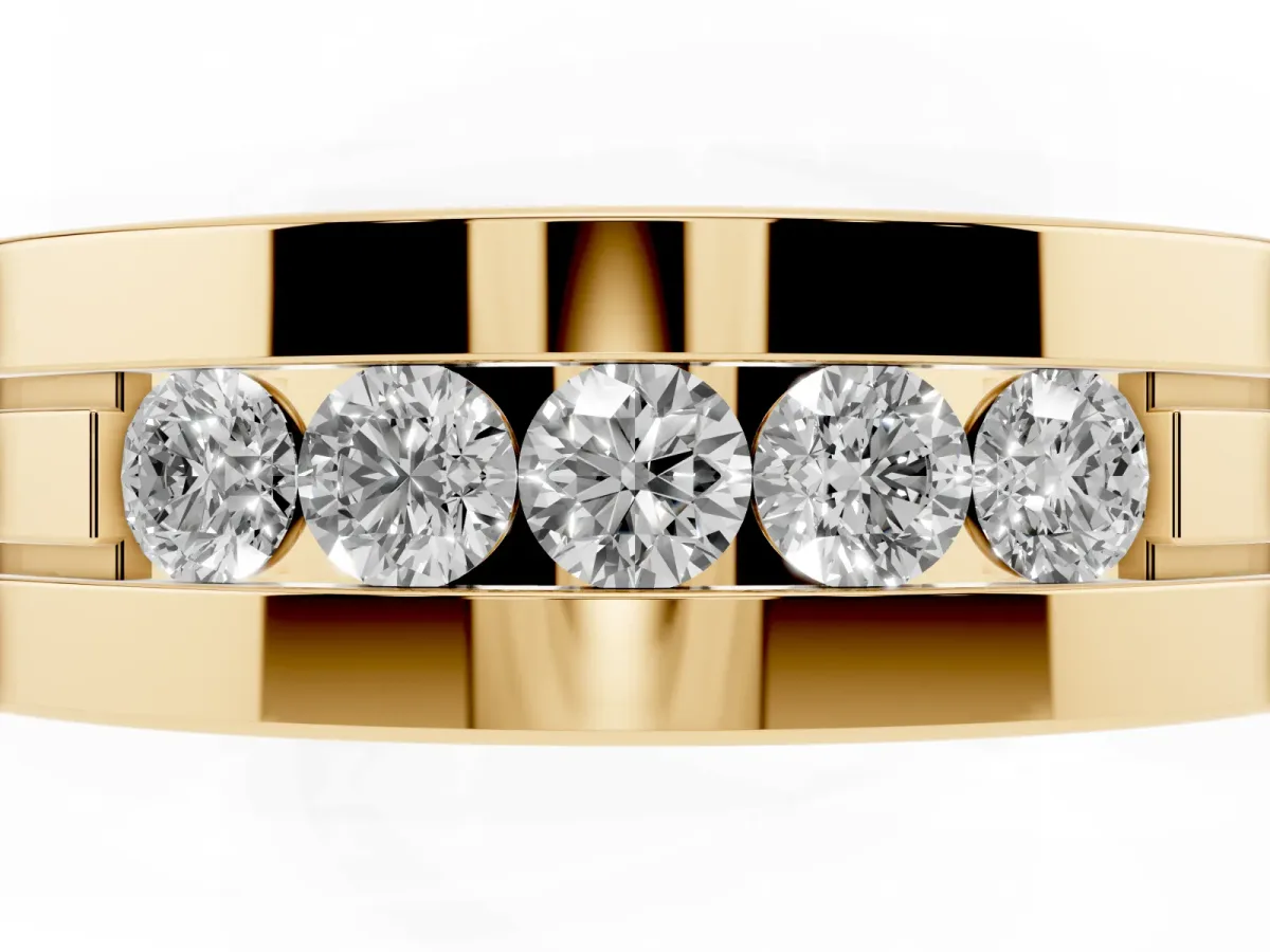 Round Diamond Five-Stone Channel Set Mens Band Yellow gold