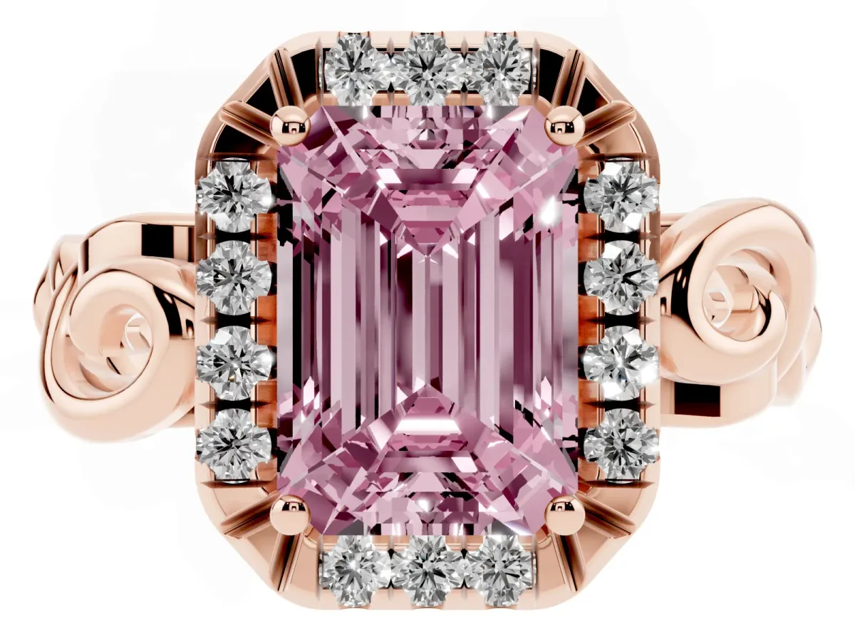 Fancy Pink Emerald Cut Cut Halo Diamond Ring with Scrollwork Band and Four-Prong Setting Rose gold