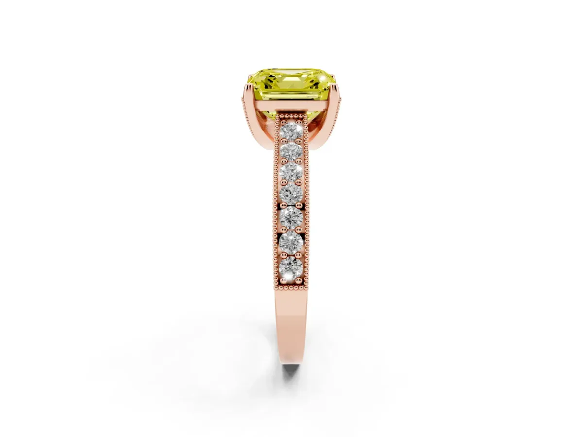Fancy Yellow Asscher Cut Cut Diamond Solitaire Ring with Milgrain Pave Band and Four Prong Setting Rose gold
