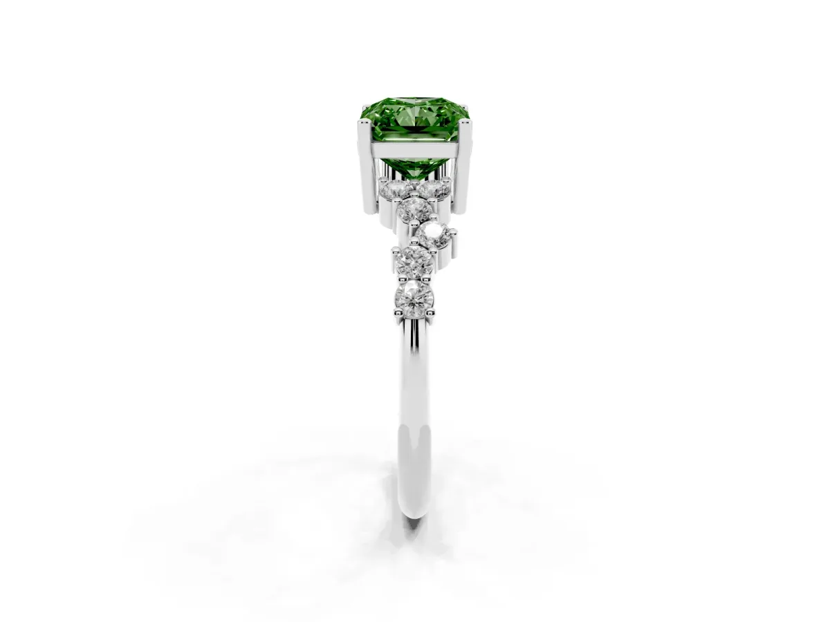 Fancy Green Radiant Cut Diamond Scattered Round Accent Ring with Prong Setting White gold