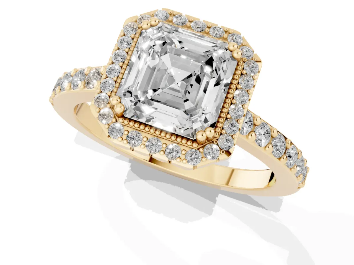 Asscher Cut Cut Diamond Halo Engagement Ring with Milgrain Detail and Pavé Band Yellow gold