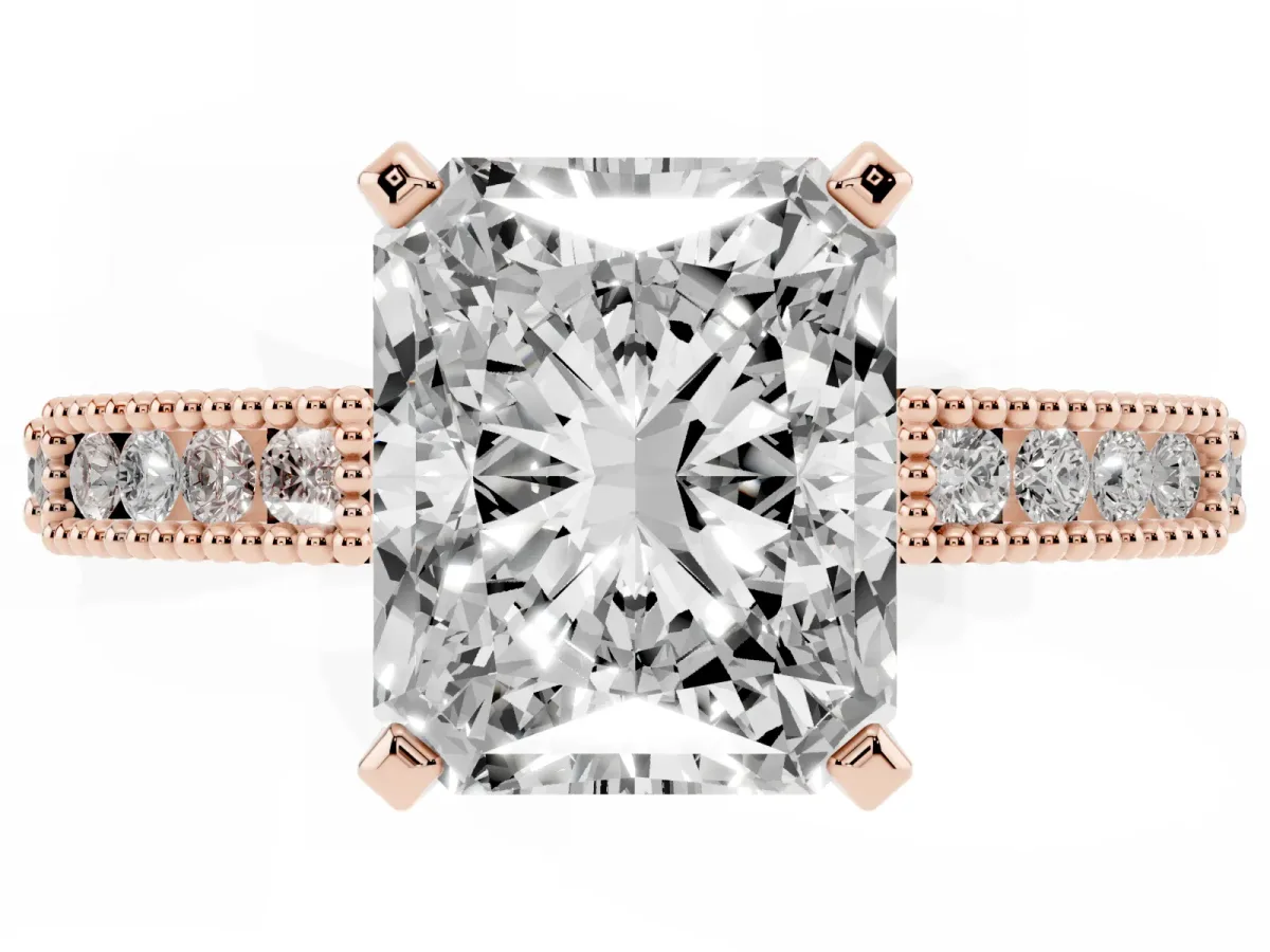 Radiant Cut Solitaire with Pavé Band and Four-Prong Setting Rose gold