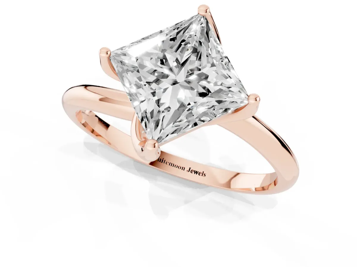 Princess Cut Diamond Solitaire Engagement Ring with Four-Prong Setting and Classic Band Rose gold