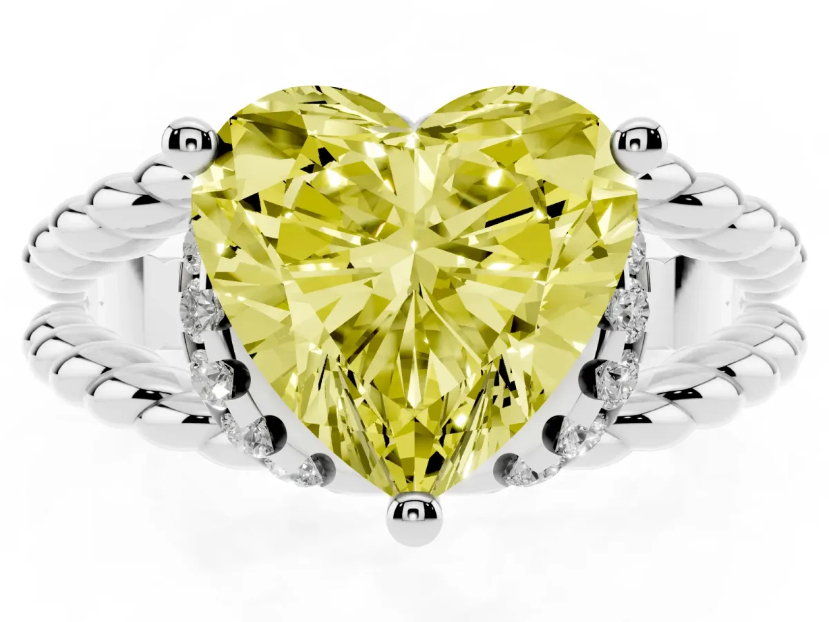 Fancy Yellow Heart Cut Halo Twisted Band Four-Prong Ring Platinum