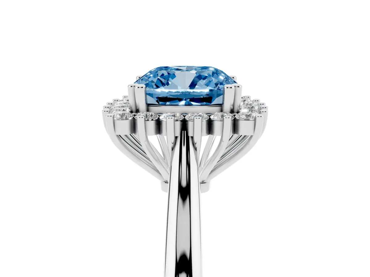 Fancy Blue Cushion Cut Cut Diamond Halo Ring with Solitaire Band and Prong Setting Platinum