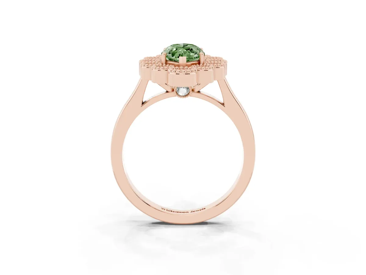 Fancy Green Marquise Cut Halo Diamond Cluster Engagement Ring with Milgrain Bezel Setting and Solitaire Band Rose gold