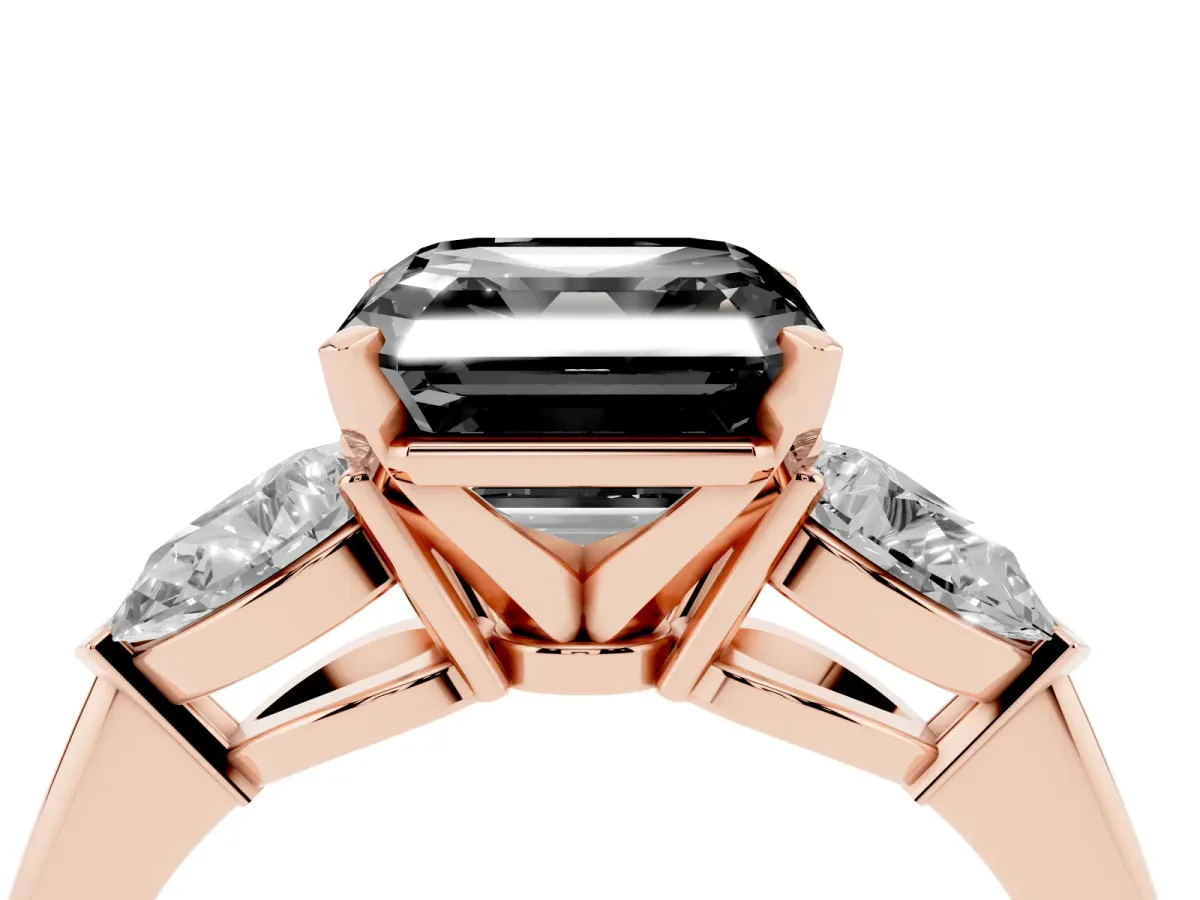 Fancy Black Three-Stone Asscher Cut Diamond Ring with Pear Side Stones and Four-Prong Setting Rose gold