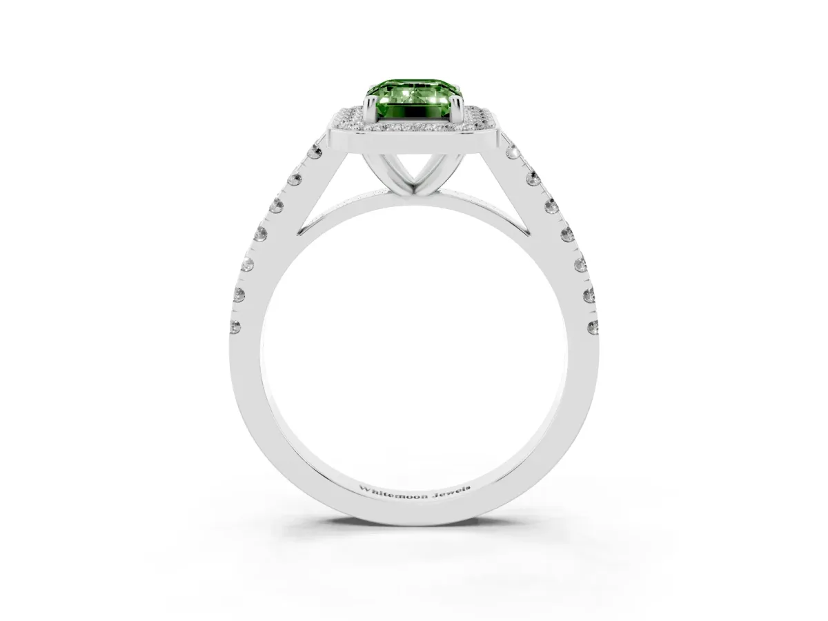 Fancy Green Emerald Cut Diamond Halo Ring with Round Pavé Split Shank and Prong Setting Platinum