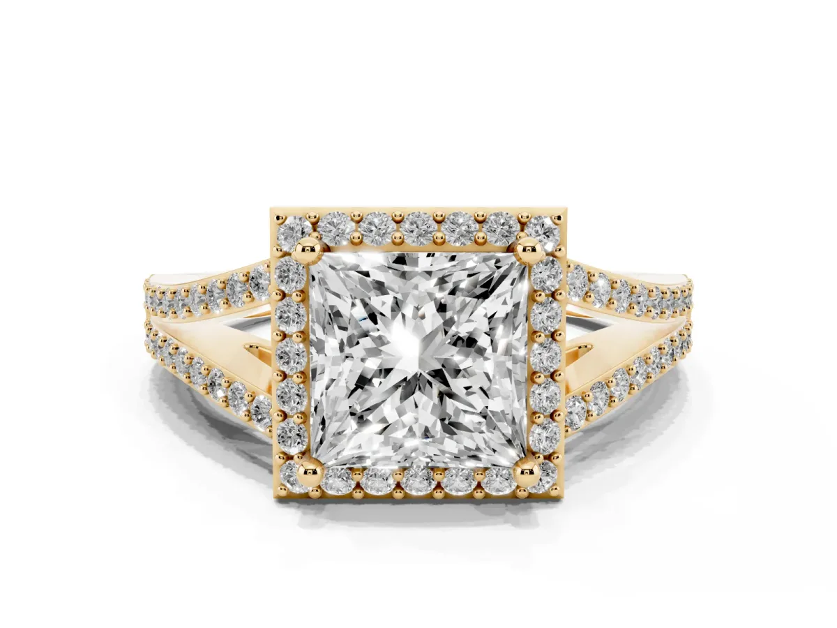 Princess Cut Halo Split Shank Diamond Ring with Prong Setting Yellow gold