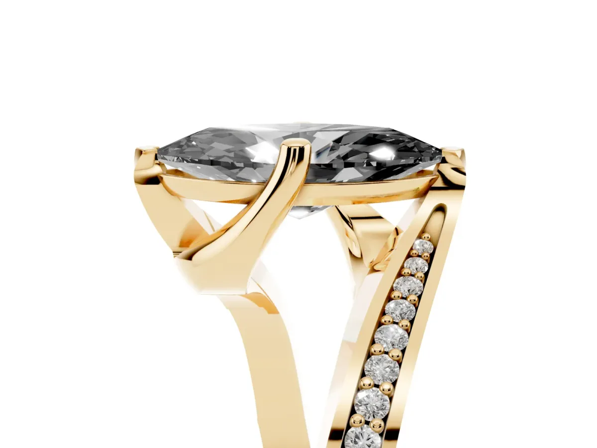 Fancy Black Marquise Cut Solitaire Diamond Twist Band with Pavé Setting and Four-Prong Setting Yellow gold