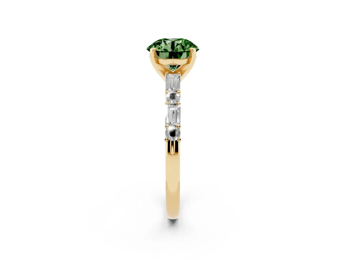 Fancy Green Round Cut Diamond Solitaire with Side Baguettes and Channel Set Band Yellow gold