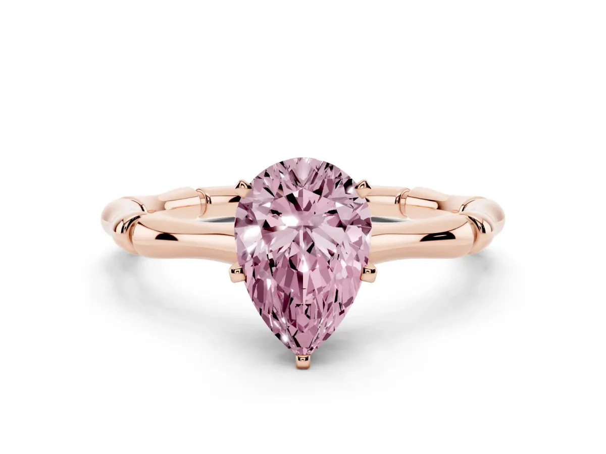 Fancy Pink Pear Cut Solitaire Diamond Ring with Bamboo Band and Four-Prong Setting Rose gold